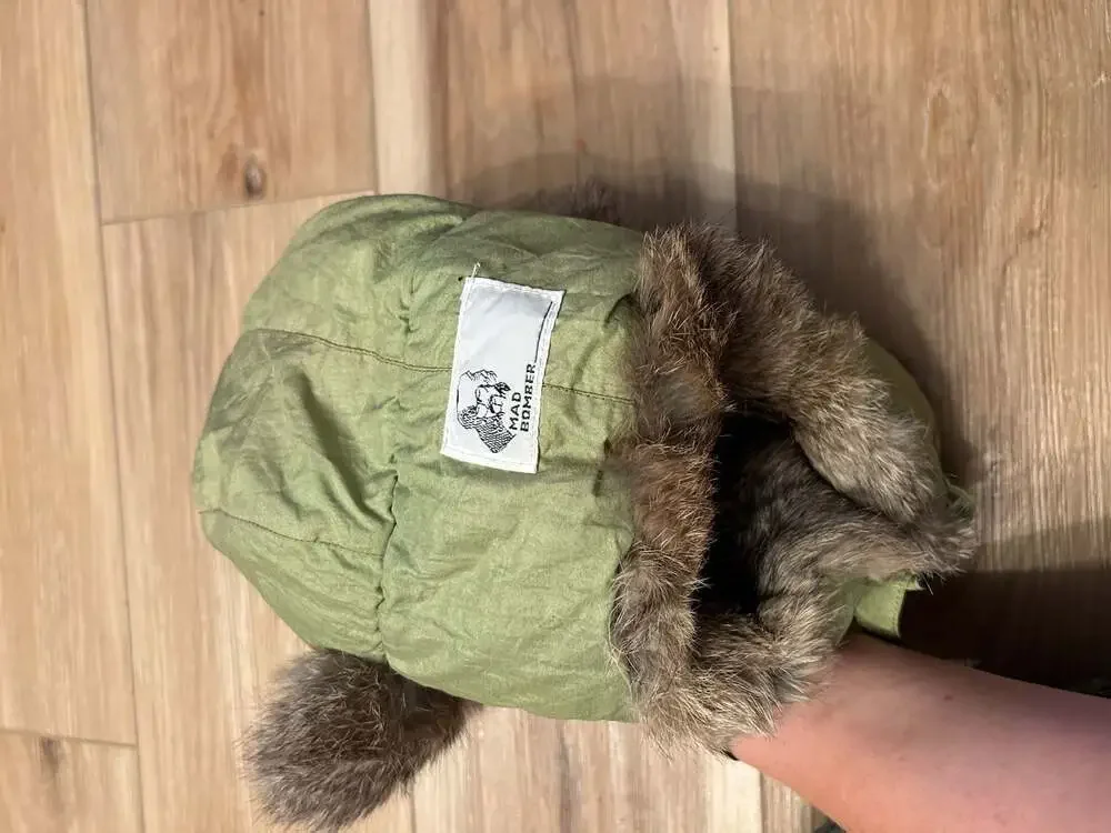 Mad Bomber Size L Green Nylon Real Genuine Rabbit Fur Trapper Hat